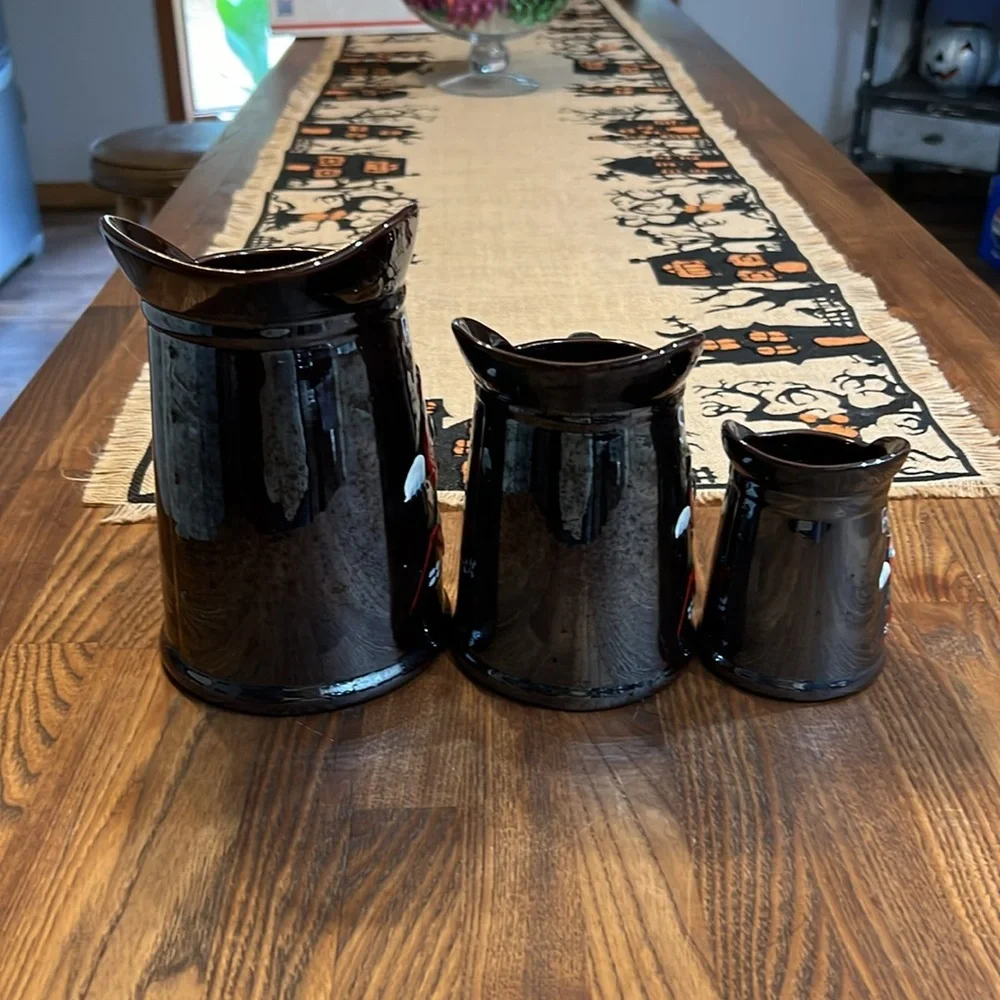 Vintage Redware 1950s pancake batter set with rooster design